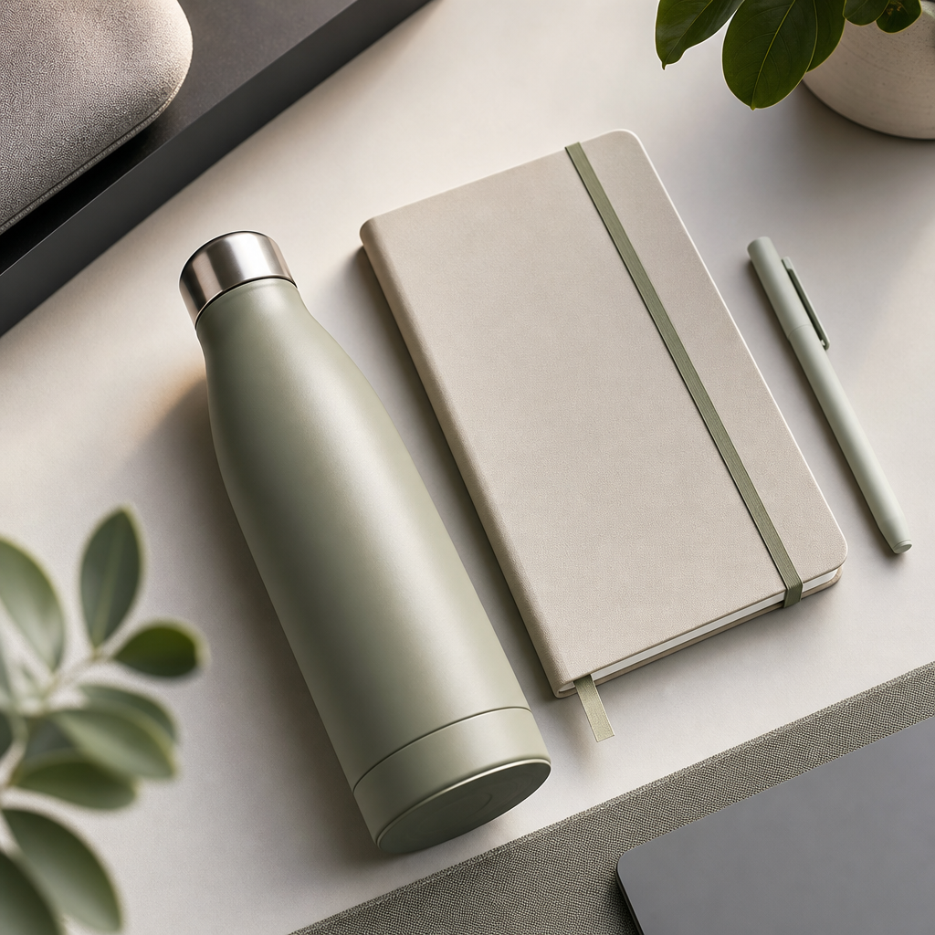 Lifestyle essentials including a smart water bottle, sleek notebook, and minimal pen set on a clean desk