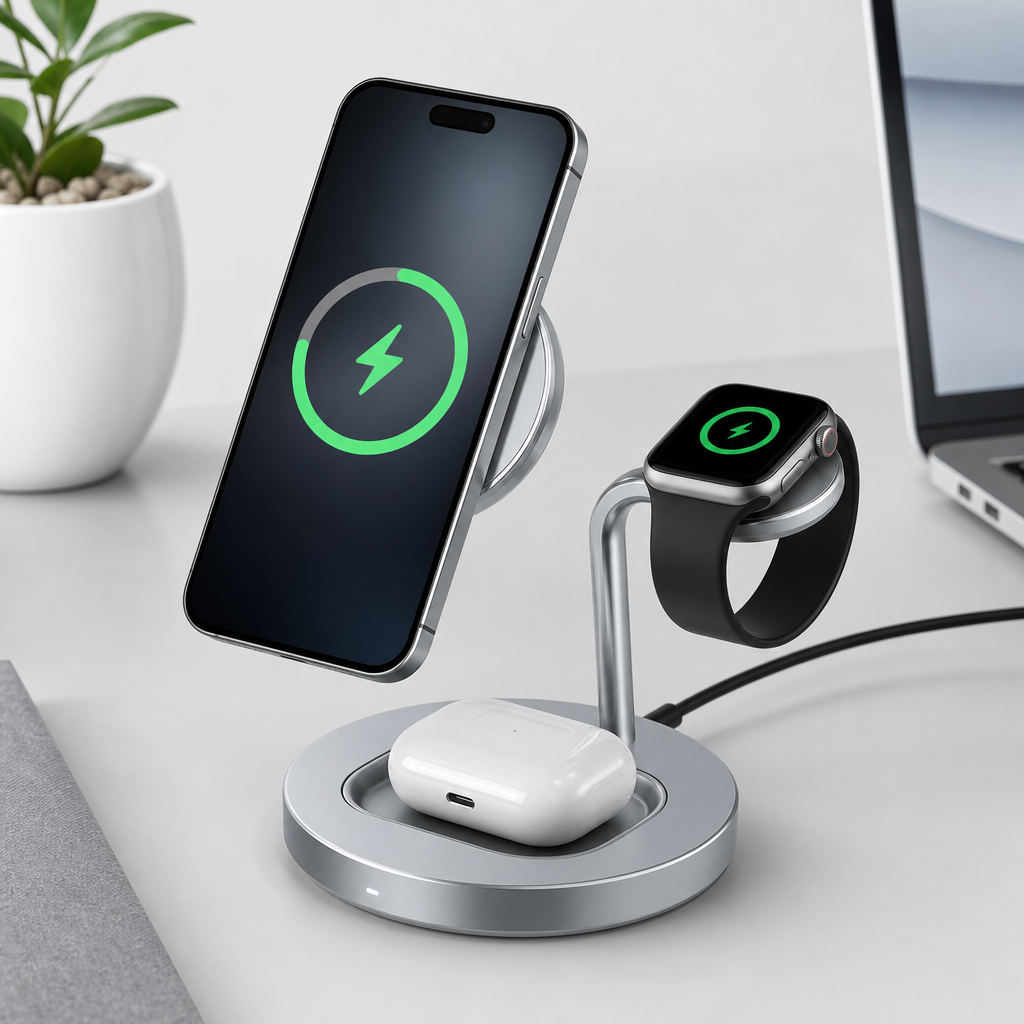 Sleek silver magnetic 3-in-1 charging dock with a phone stand, watch puck, and earbuds tray on a clean surface