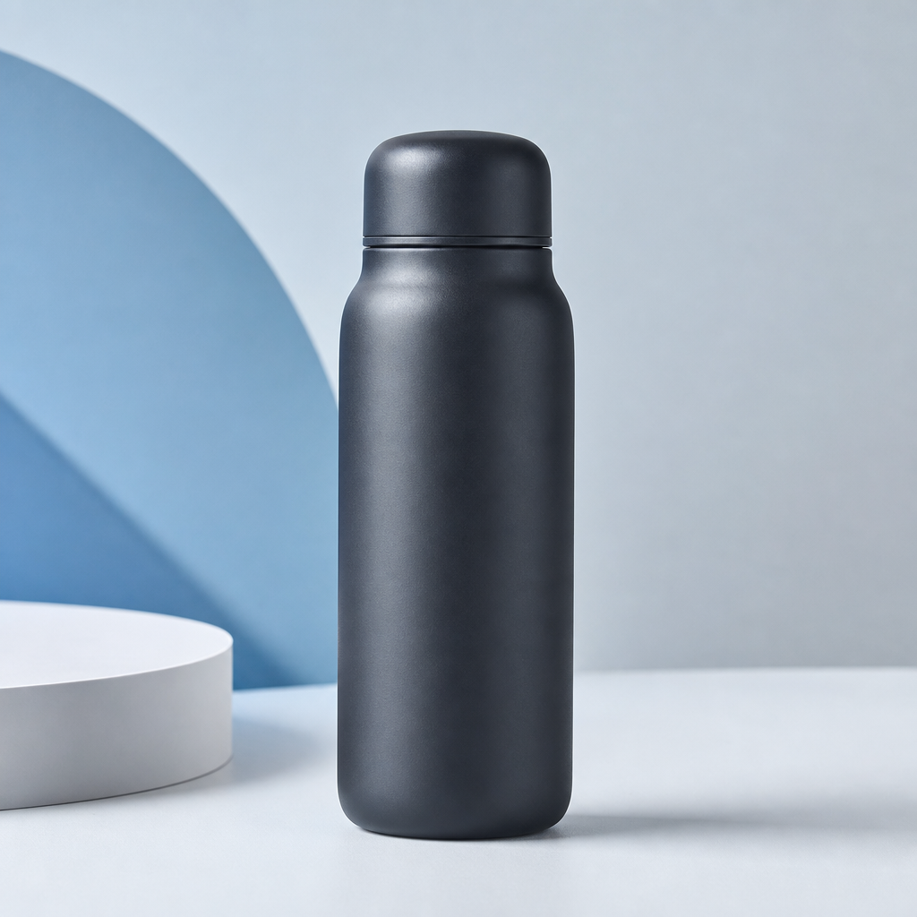 Matte charcoal mini UV water bottle with a rounded cap on a clean studio surface