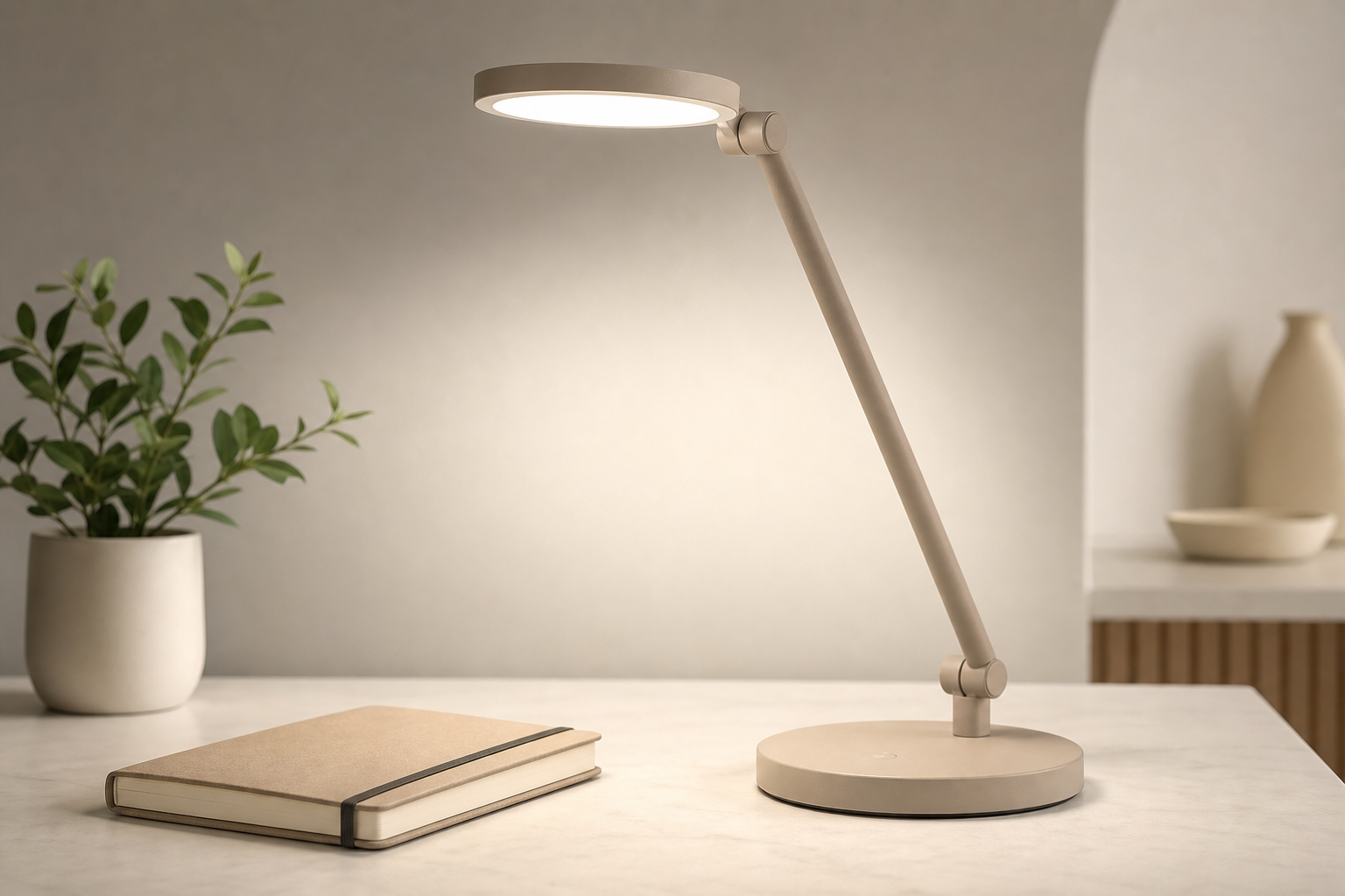 Matte sand-toned minimalist LED desk lamp with a slim arm and circular base beside a notebook