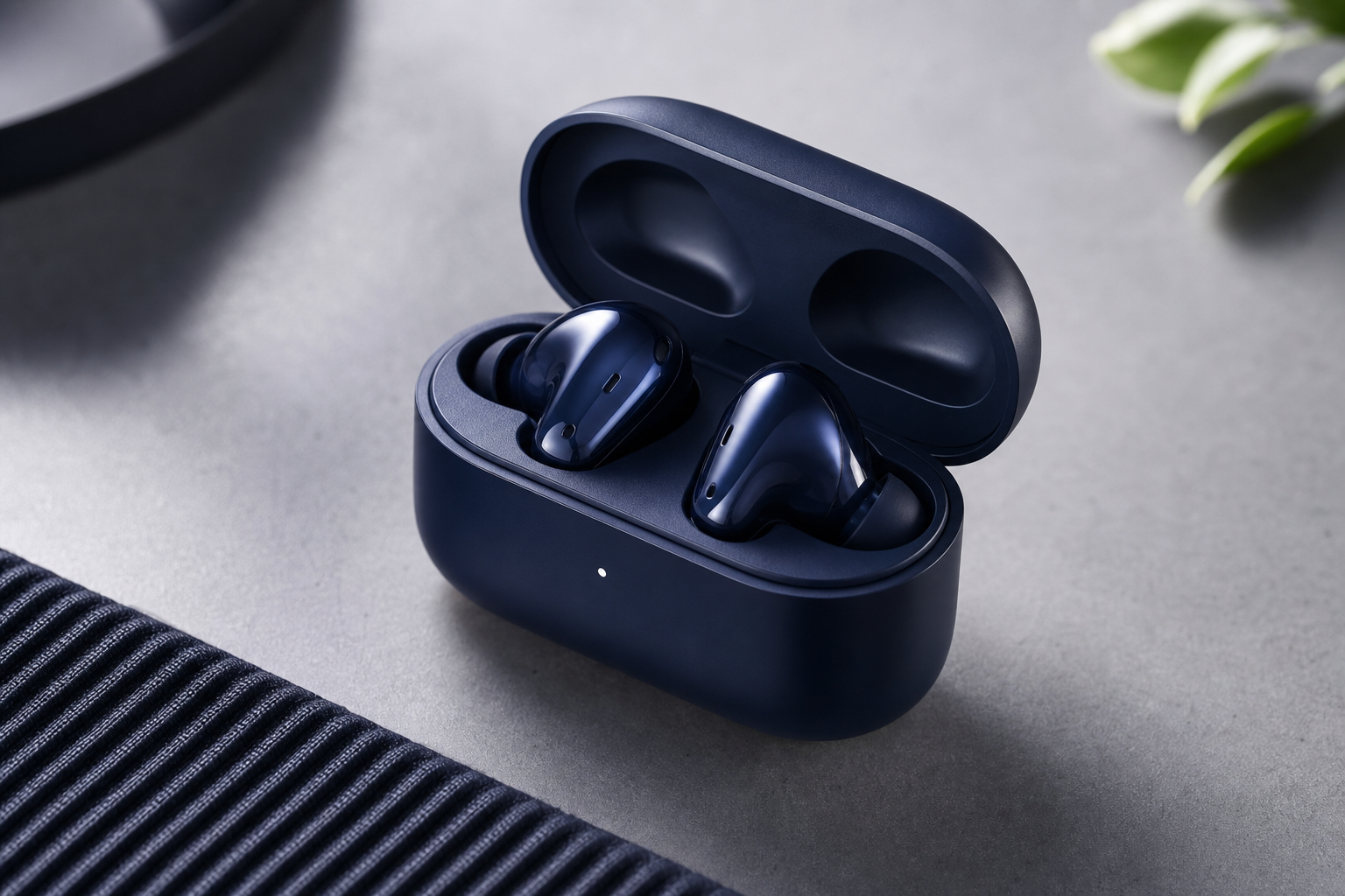 Glossy midnight-blue noise-canceling earbuds in an open charging case on a soft gray tabletop
