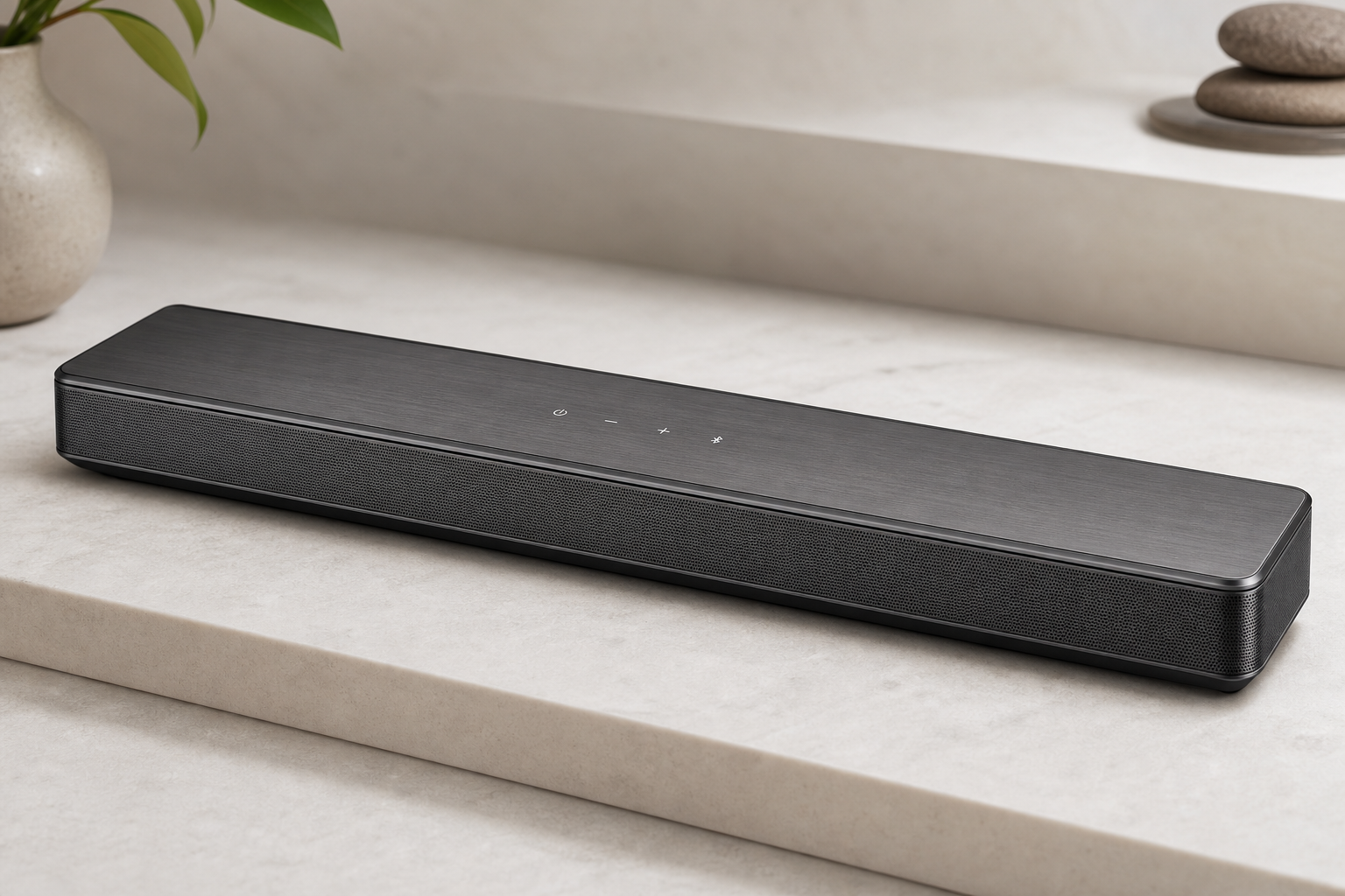 Slim premium wireless soundbar with a brushed aluminum body and subtle matte finish, displayed on a light studio surface