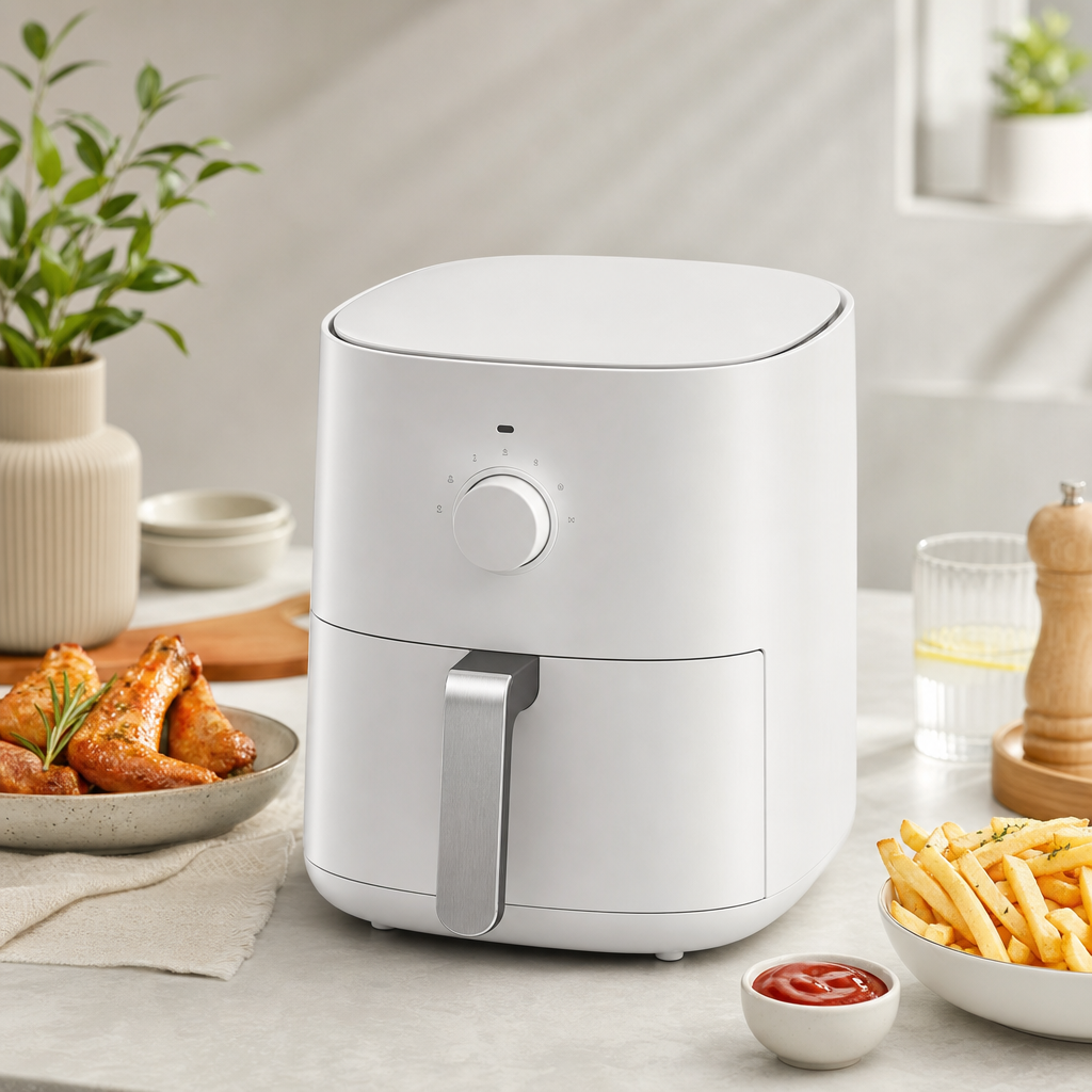 Matte white slim air fryer with a brushed metal handle on a minimal kitchen counter