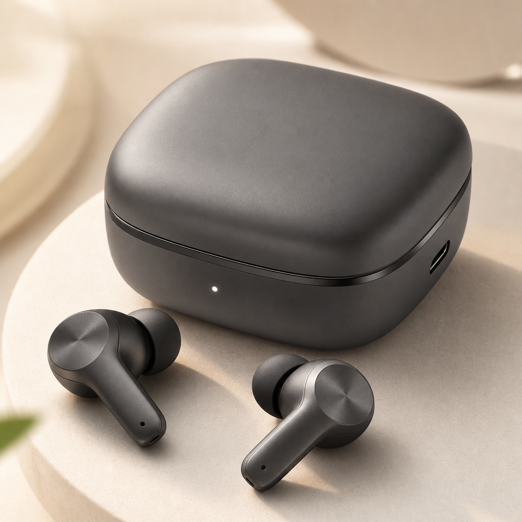 Sleek wireless earbuds and a compact charging hub in matte graphite on a soft neutral surface