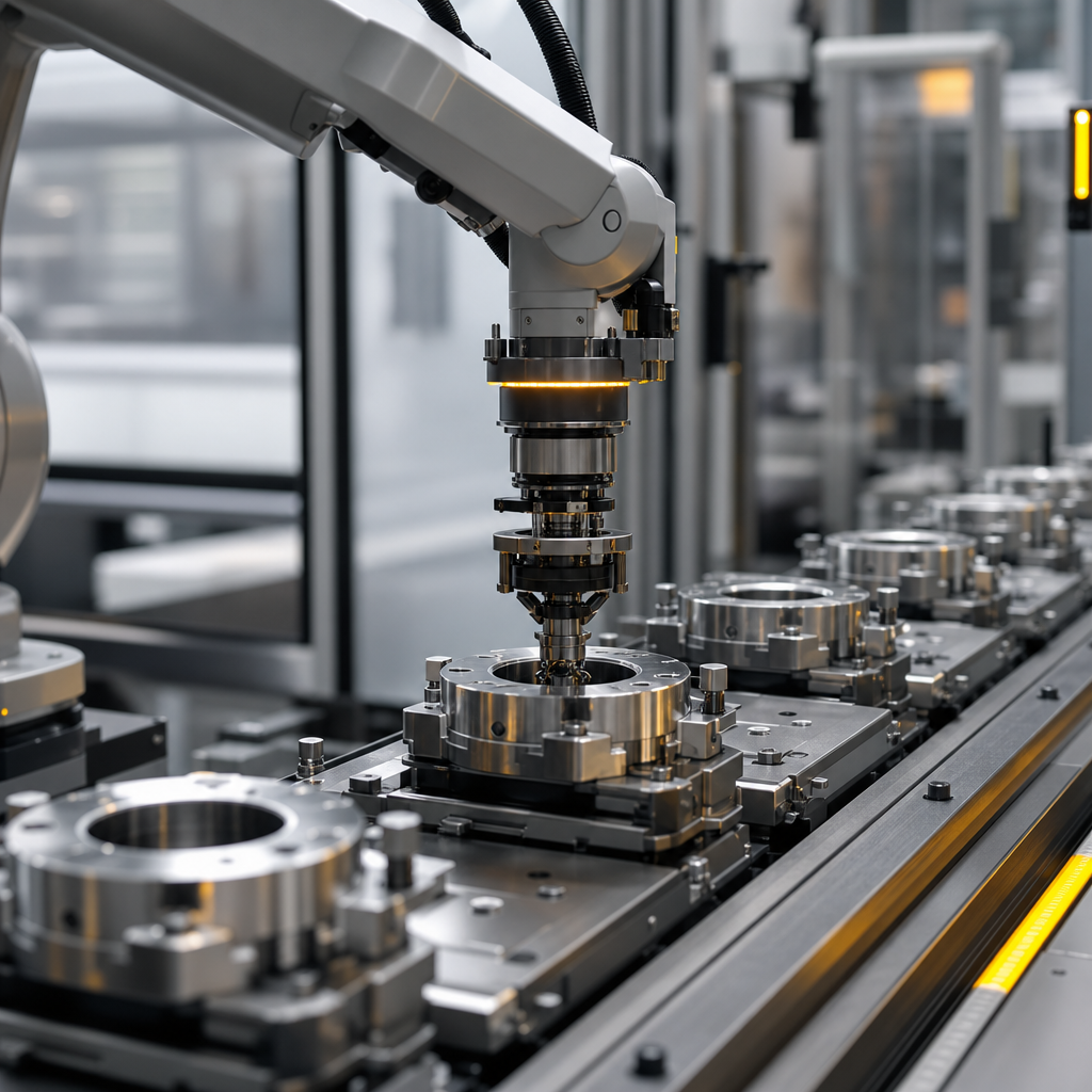 Modern robotic assembly line with steel components, calibrated tooling, and warm industrial task lighting