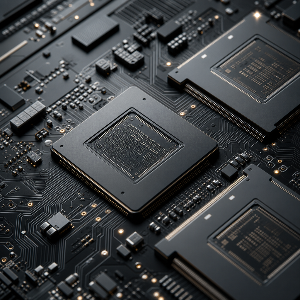 Precision circuit architecture and AI compute modules in neutral studio light with subtle amber reflections