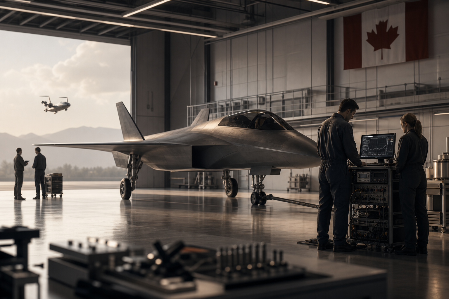 Concept rendering of a Canadian aerospace prototype and hangar testing environment