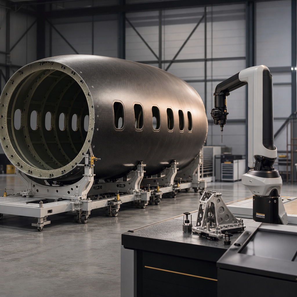 Composite aircraft fuselage section in a clean hangar workspace with restrained golden edge highlights