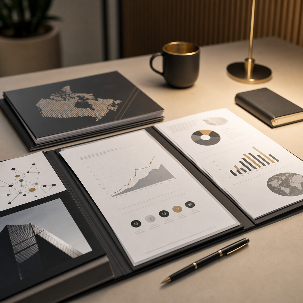 Strategic business planning table with contract folders, market charts, and warm editorial desk lighting