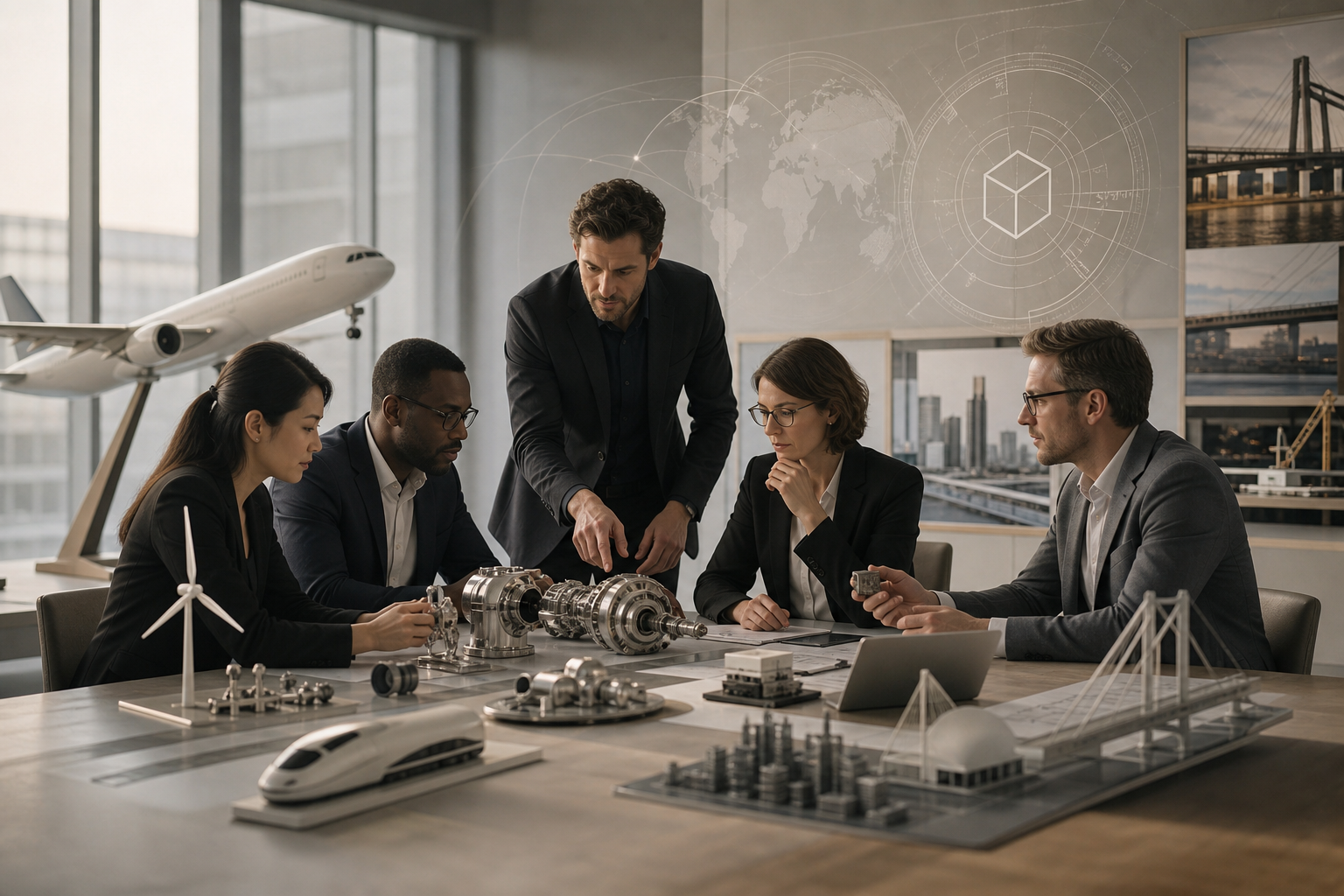 Sophisticated Canadian innovation scene with professionals reviewing advanced manufacturing and technology prototypes in a modern studio, featuring warm neutral tones, subtle map and market overlays, and a corporate development atmosphere