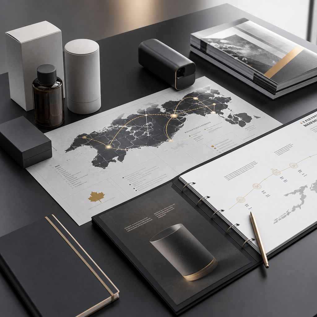 Product go-to-market presentation scene with packaged prototype, distribution map, and restrained warm accent light