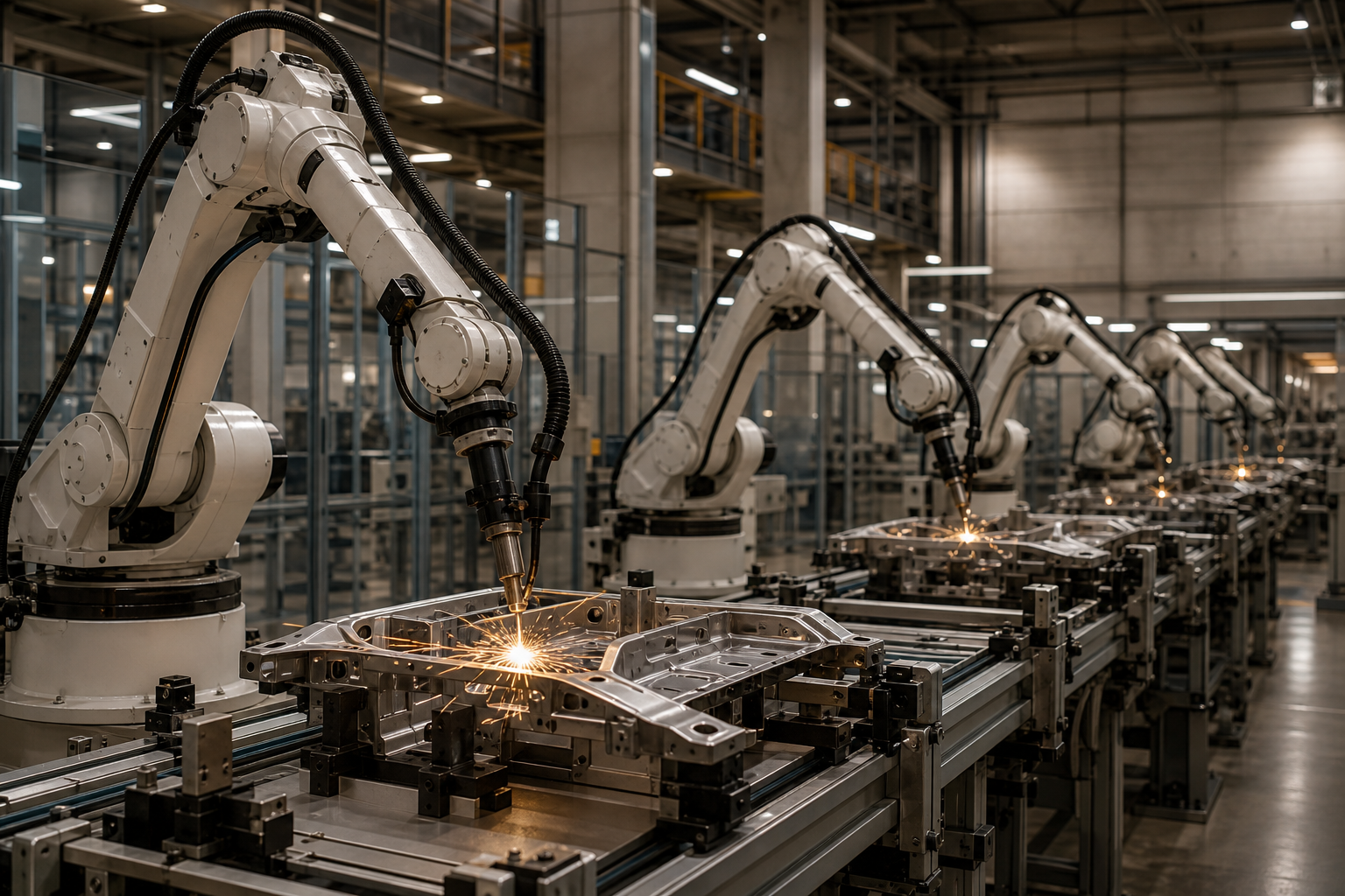 Advanced manufacturing line with robotic arms and precision metal fabrication in a clean industrial facility