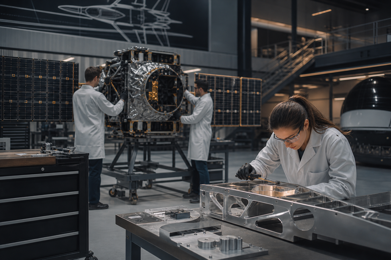 Aerospace assembly environment with satellite components and precision testing equipment