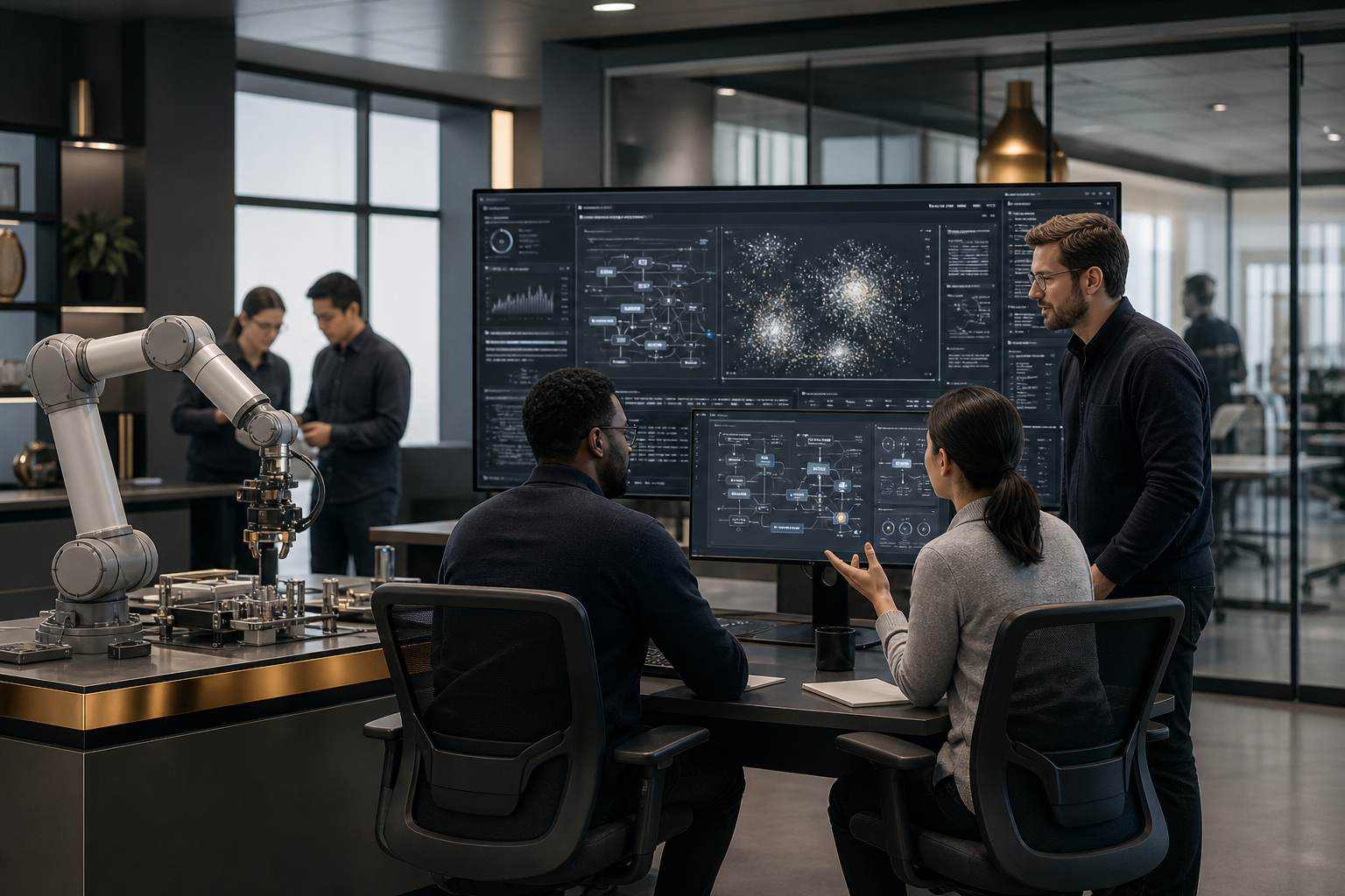AI and technology control center with engineers reviewing machine-learning dashboards and robotics systems