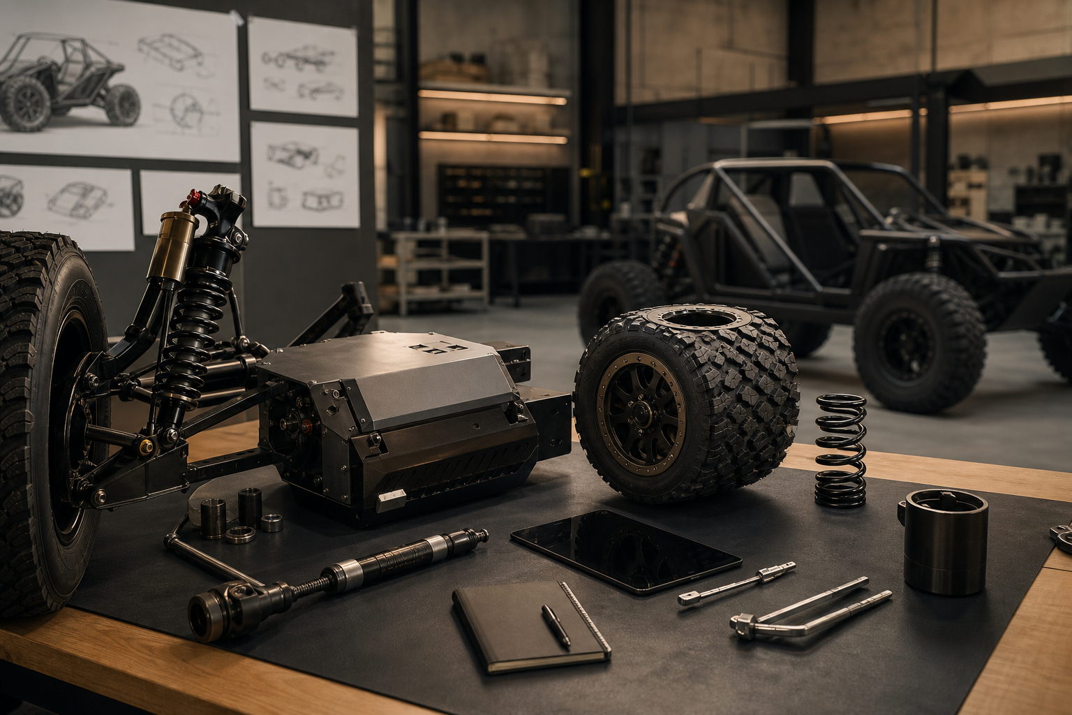 Automotive and outdoor mobility prototype scene with rugged electric vehicle components and field-ready engineering gear
