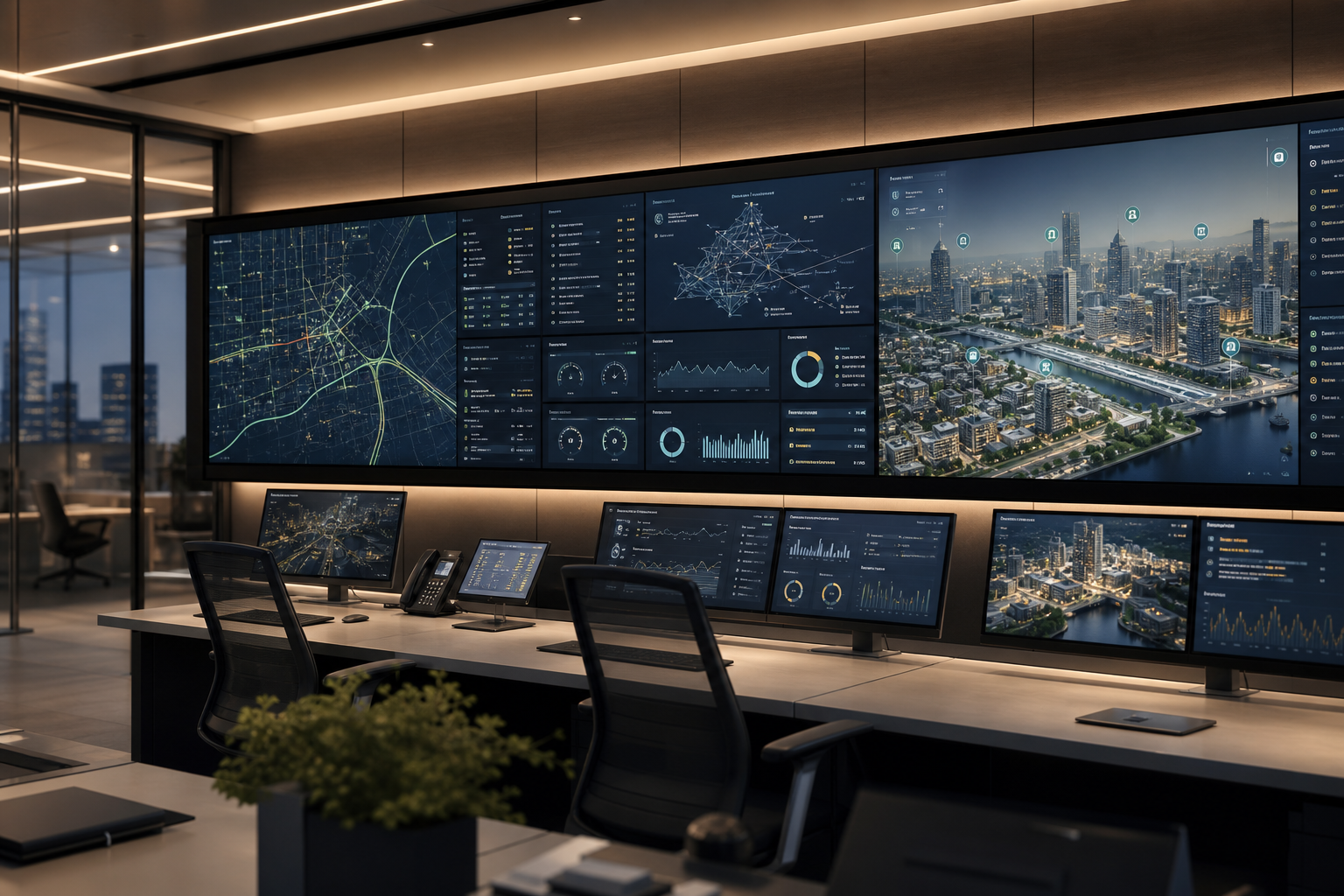 Smart infrastructure control room with urban grid monitoring screens, mobility data, and digital twin mapping