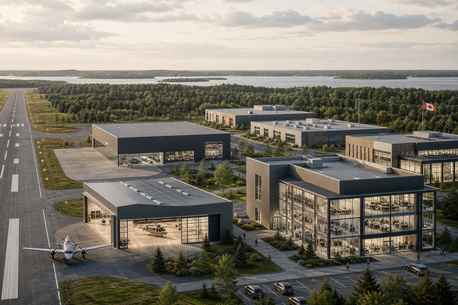 Regional aviation and innovation campus concept with runway, labs, and industrial facilities