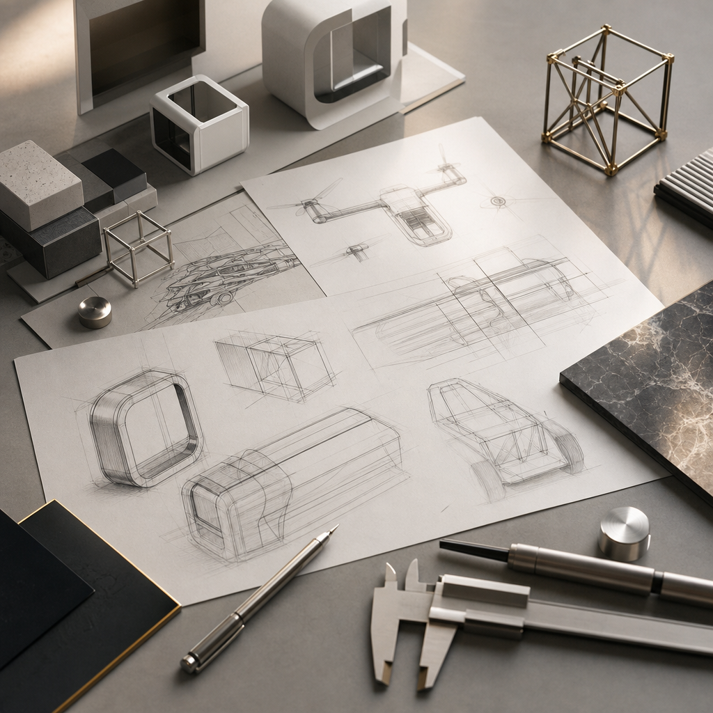 Abstract innovation concept board with layered paper prototypes, metallic pins, and warm ambient highlights