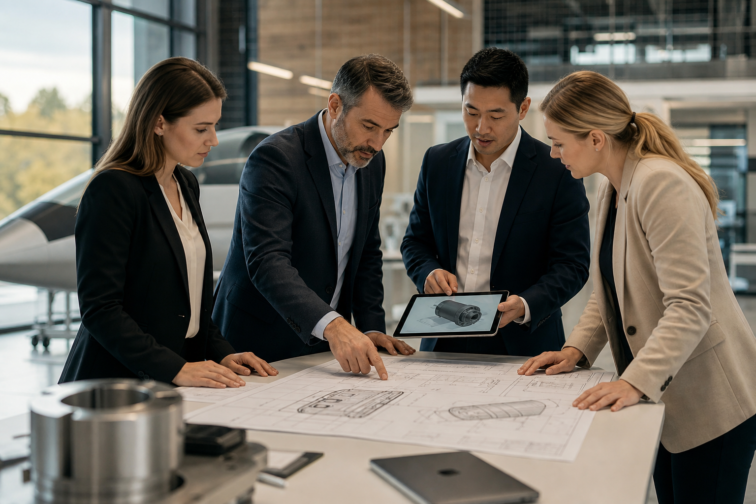 Editorial scene of Canadian innovation partners reviewing industrial plans and digital models around a table in a bright modern workspace