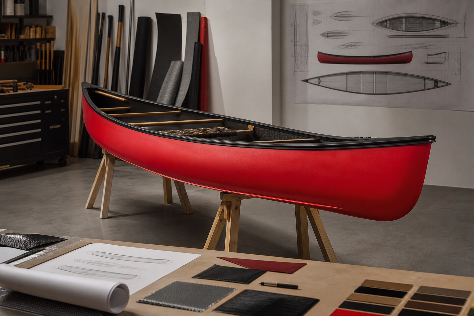 Modern red canoe prototype displayed on workshop stands with technical drafting tools