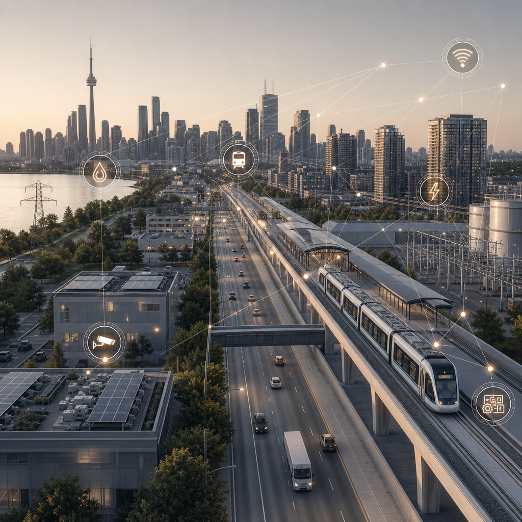 Urban smart infrastructure dashboard over transit corridors and utility networks in muted neutral tones