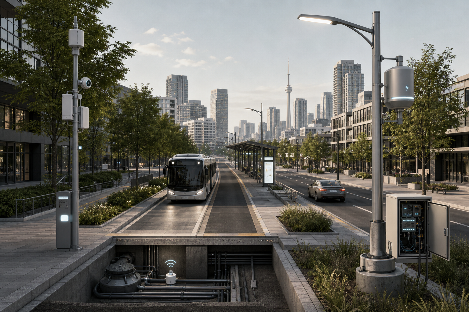 Urban transit and utility corridor with sensor-enabled smart infrastructure systems