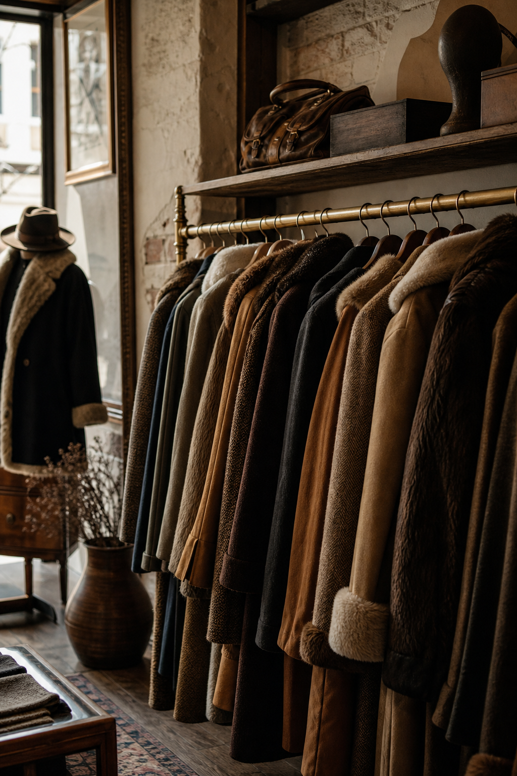 Editorial boutique interior with curated vintage coats on a brass rail and soft natural light