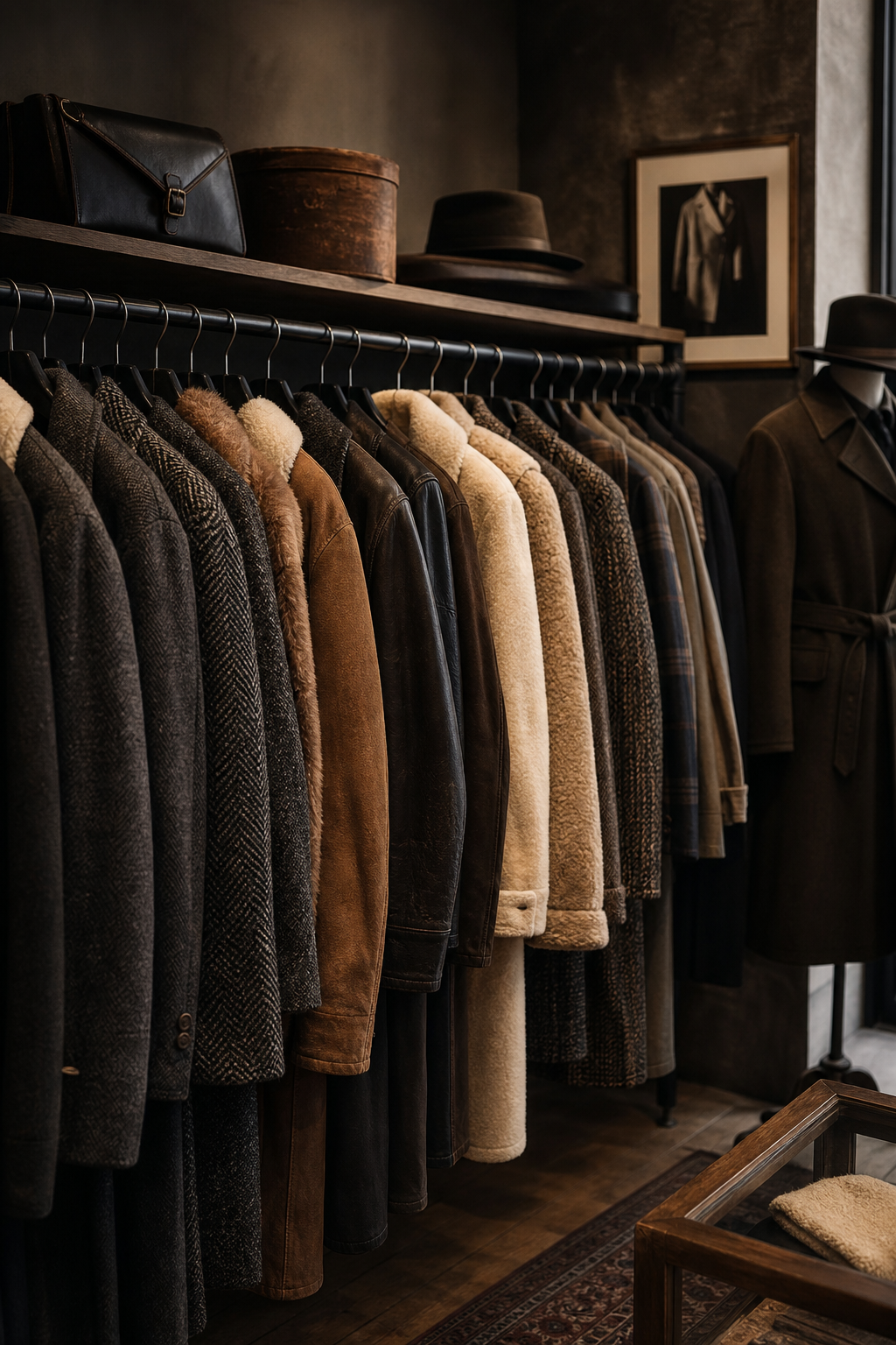 Editorial view of a curated rack of vintage coats and textured garments in a boutique interior