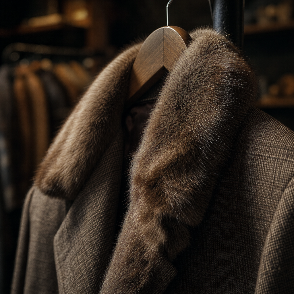 Close-up of a textured vintage fur-collar garment on a wooden hanger