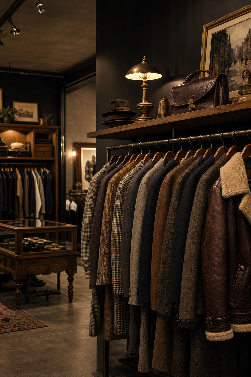 Portrait-oriented boutique rack with curated vintage coats in warm editorial lighting