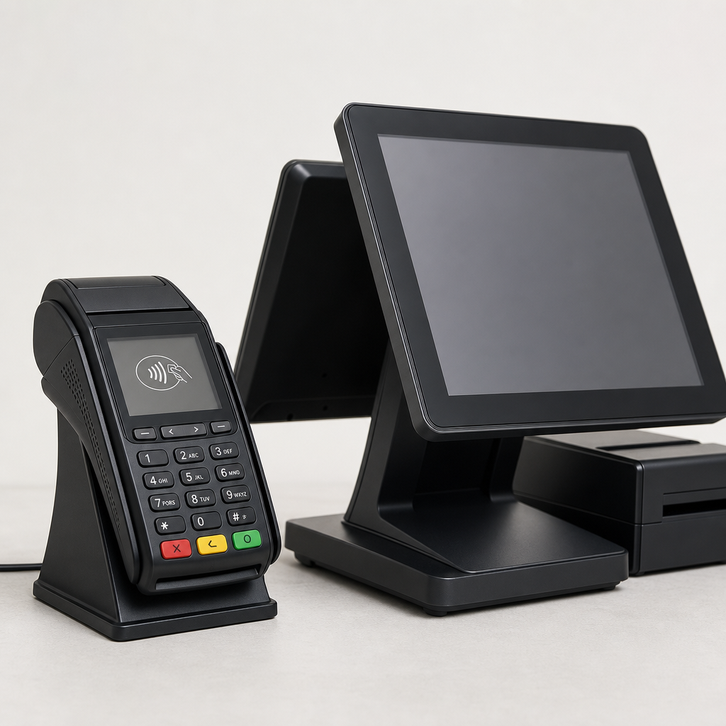 Modern countertop payment terminal beside a touchscreen POS register on a clean studio surface