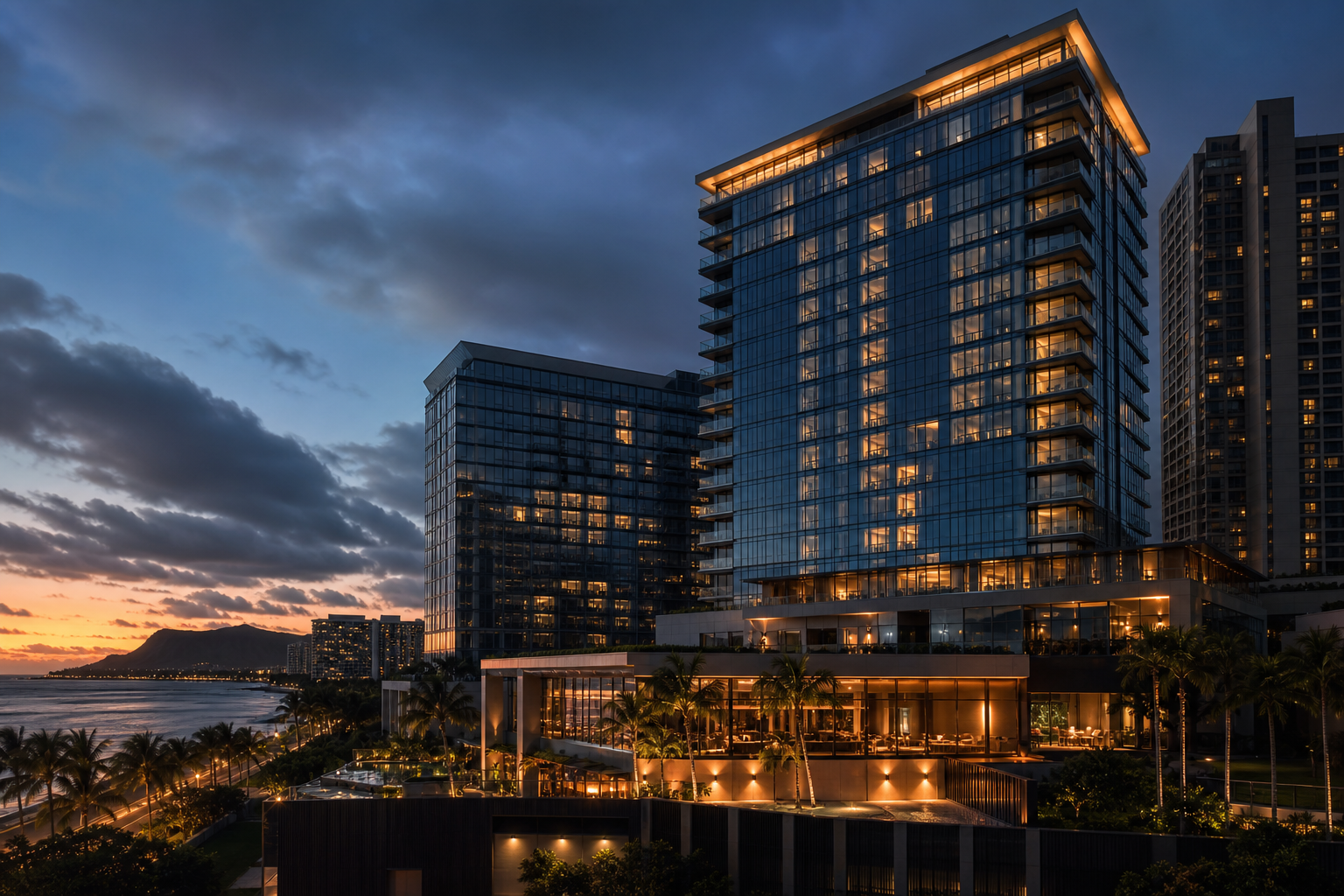Cinematic dusk view of a premium oceanfront high-rise hotel and mixed-use commercial tower with illuminated glass facades