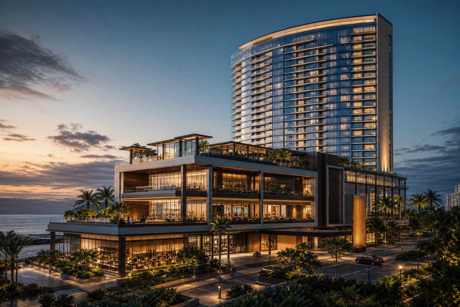 Twilight view of a premium large-scale coastal development with a luxury hotel tower and refined modern architecture