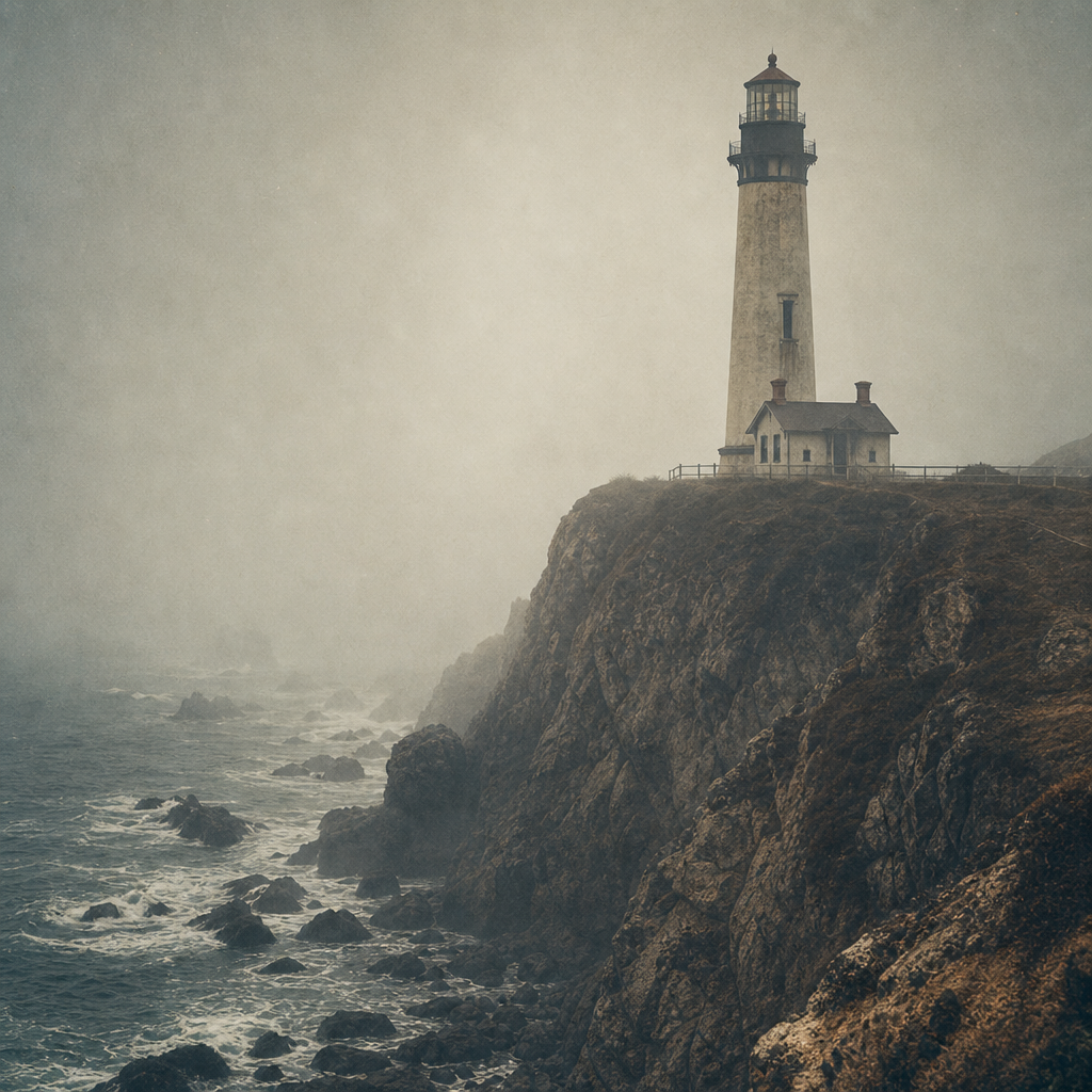 Tall lighthouse on a rugged cliff edge softened by thick coastal fog