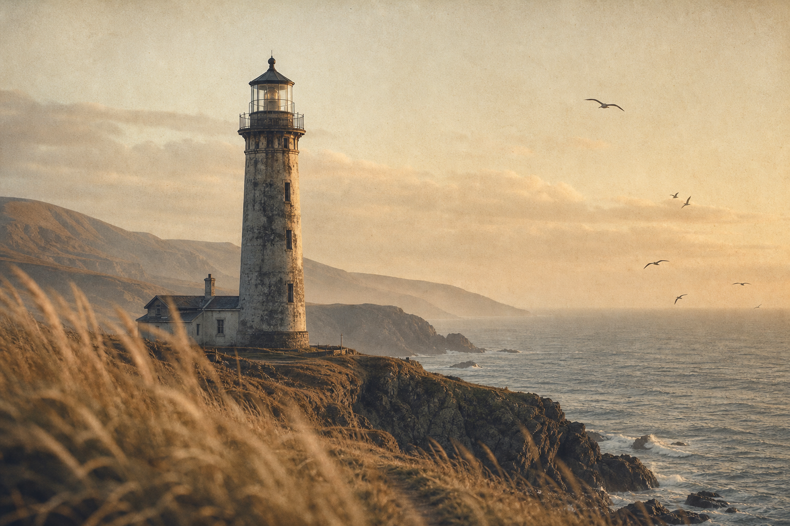 Weathered northern-coast lighthouse rising through cool sea haze at golden hour, with rugged cliffs and wind-softened grasses in a documentary film-photography style