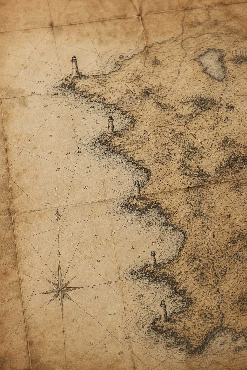 Archival-map-inspired coastline detail with lighthouse marks and weathered paper texture
