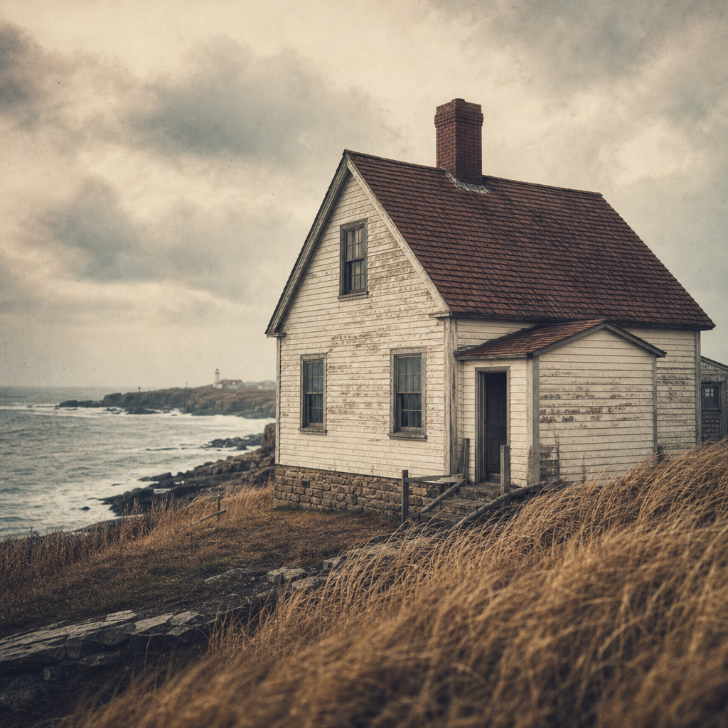 A keeper's dwelling set close to the shoreline with wind-bent grass and stone path