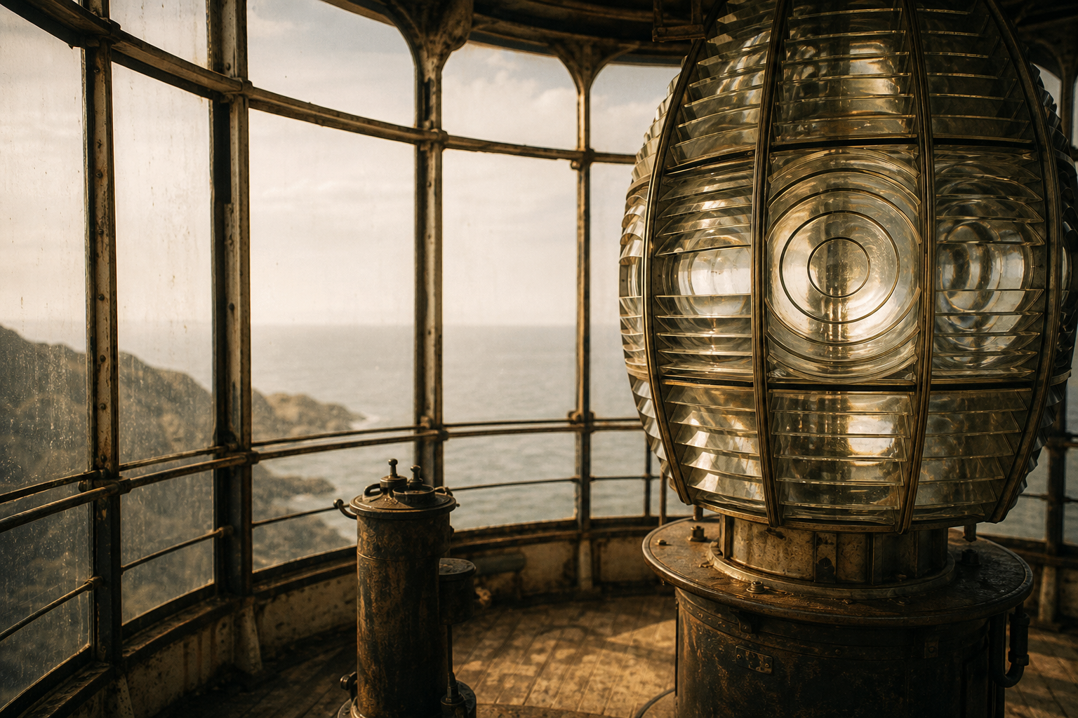 Lantern room interior with weathered brass framing and salt-softened glass panes above the sea