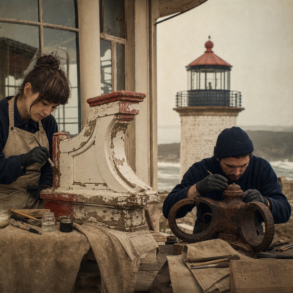 Restoration team performing careful preservation work on lighthouse wood and iron fittings