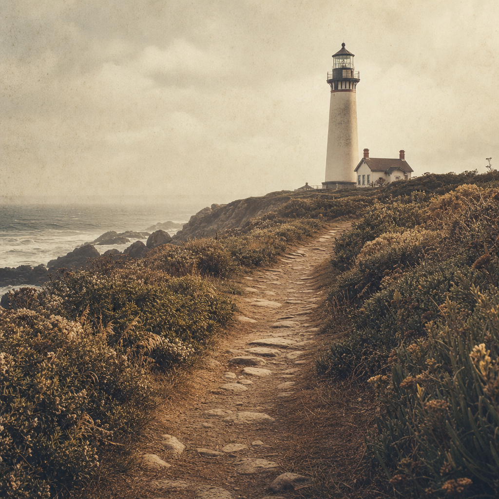 Narrow shoreline path curving toward a distant lighthouse tower above rocky coast
