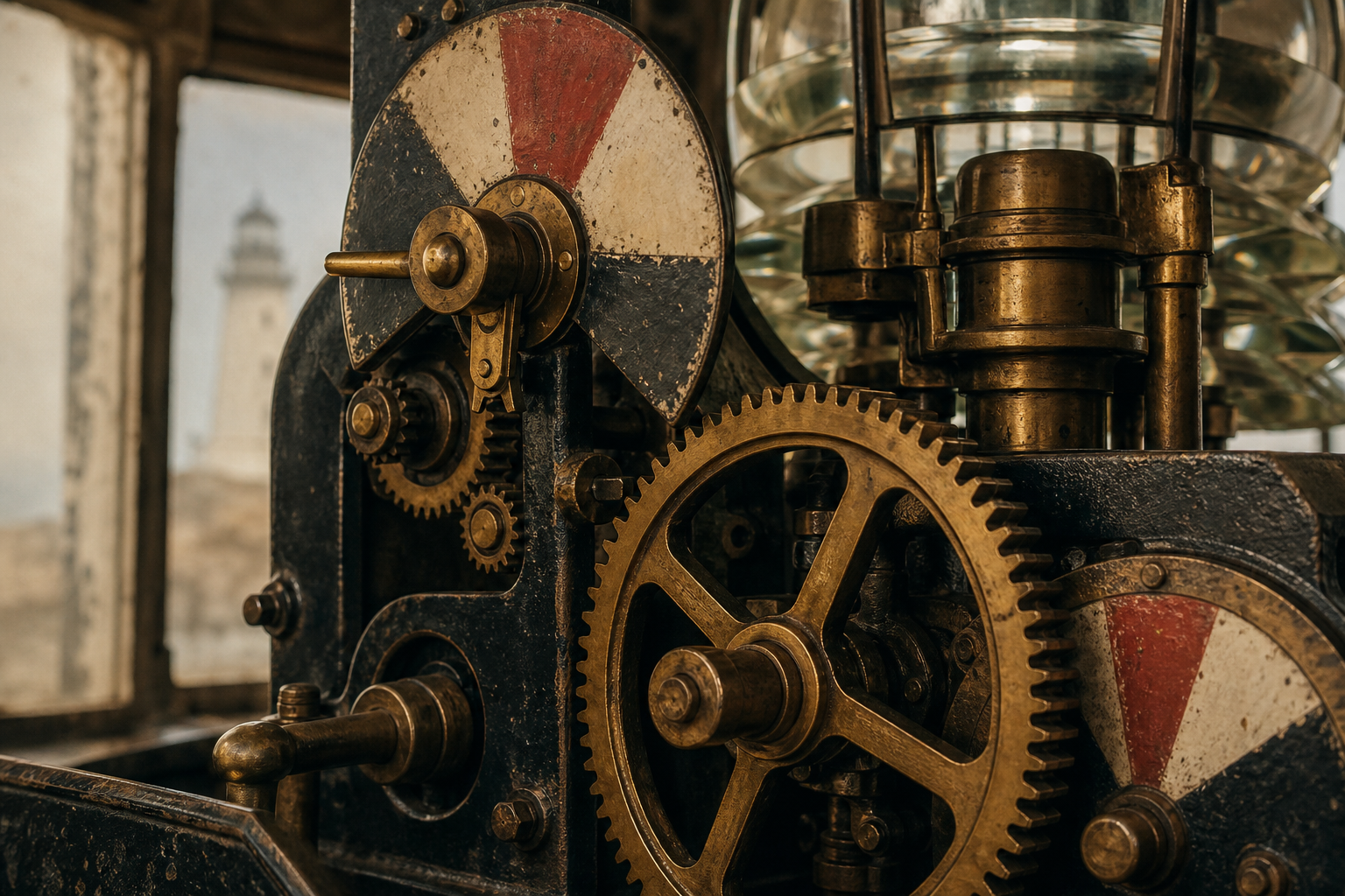 Close detail of lighthouse signal machinery with gears, polished brass and worn indicator markings