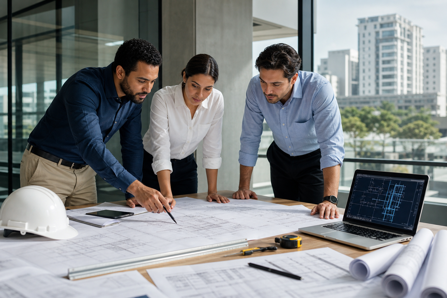 Project planning session in a modern architecture office with blueprints, structural drawings, and engineering team coordination