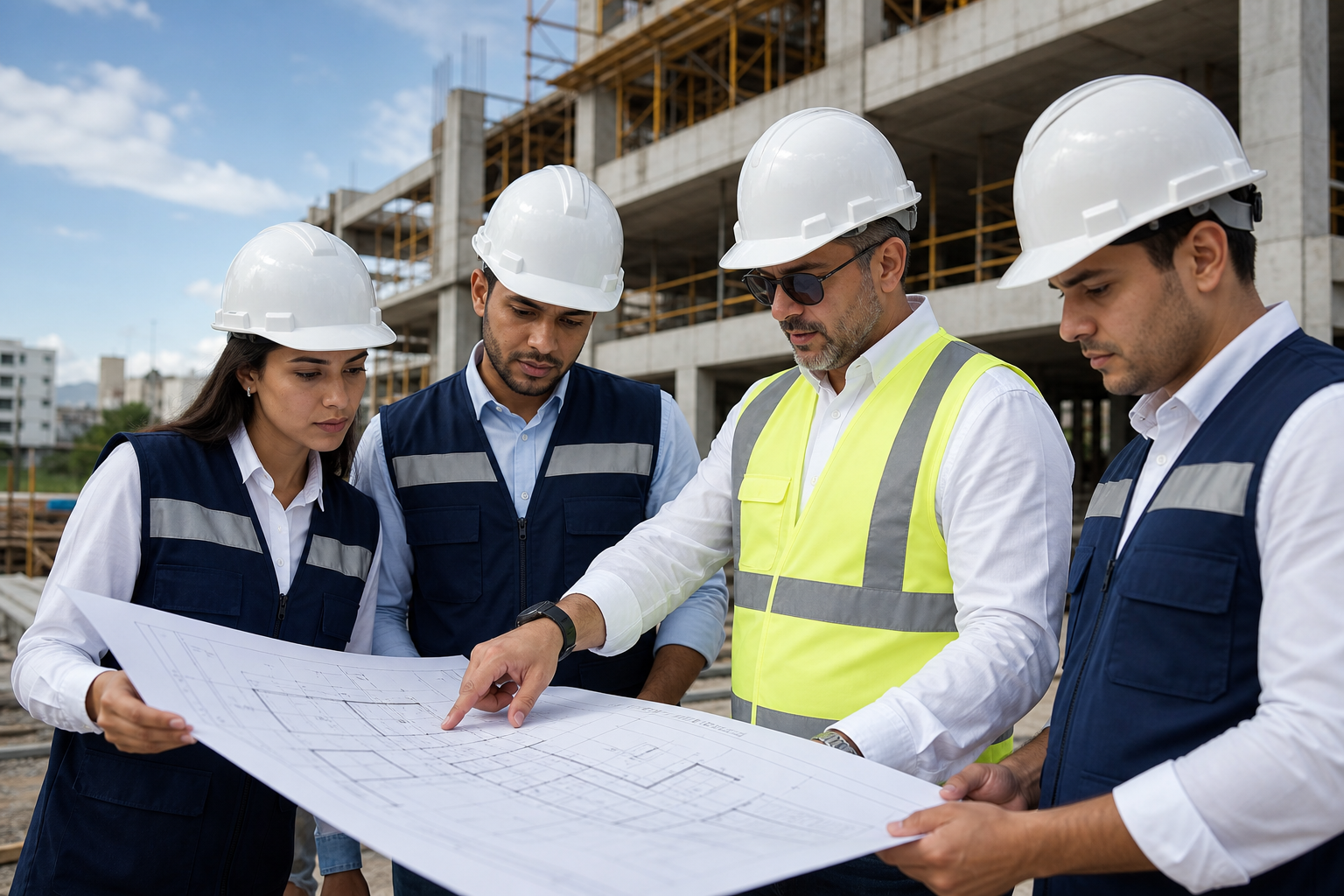 Ingeniero de construcción senior revisando planos arquitectónicos con el equipo del proyecto en una obra moderna de República Dominicana