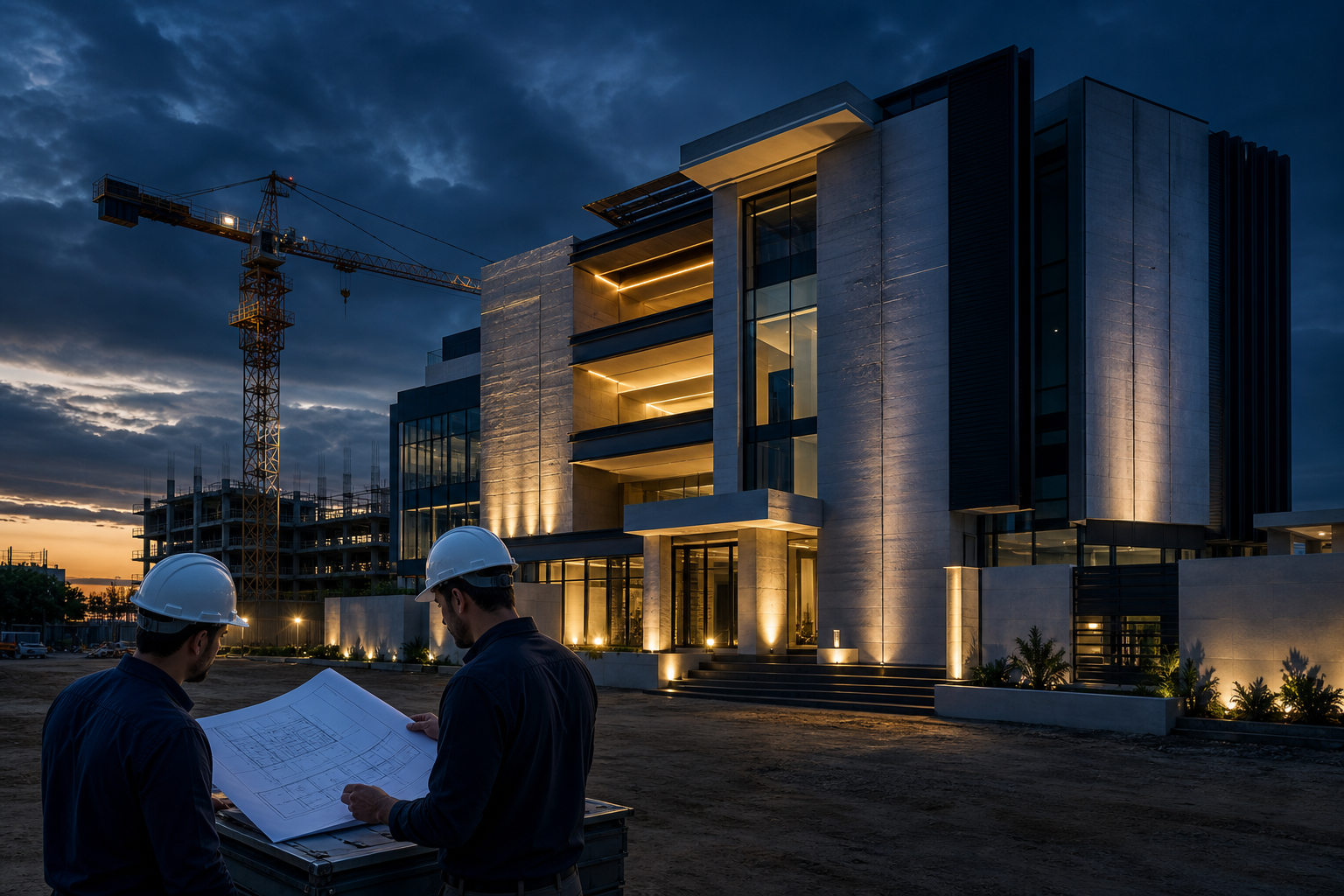 Obra corporativa de alto nivel en República Dominicana con estructura moderna, grúa torre, equipo técnico en campo y atmósfera ejecutiva al atardecer