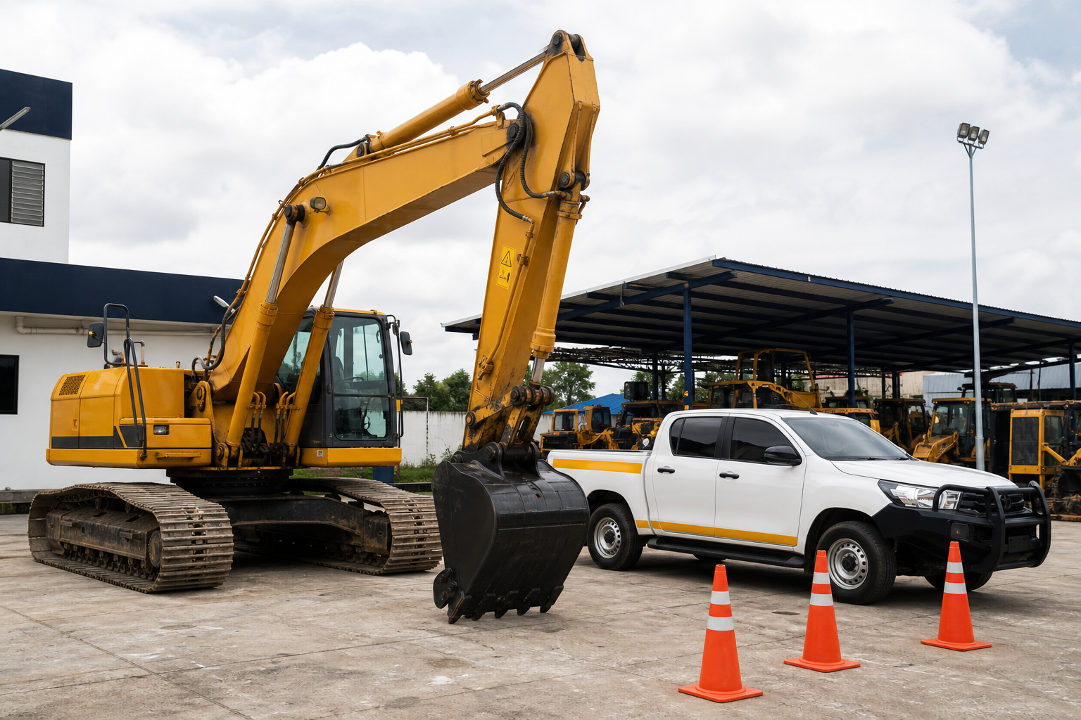 Excavadora amarilla de gran tamaño junto a equipo de obra en patio operativo