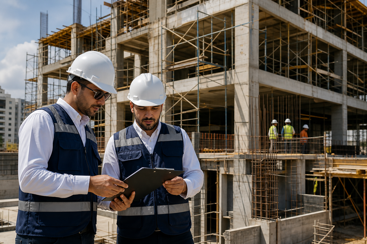 Ingenieros revisando el avance estructural en una obra de concreto en Santo Domingo