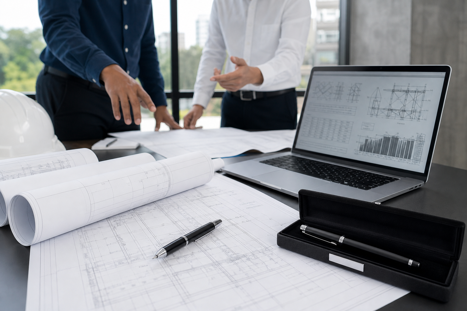 Mesa de reunión con planos técnicos, laptop y equipo de consultoría de ingeniería