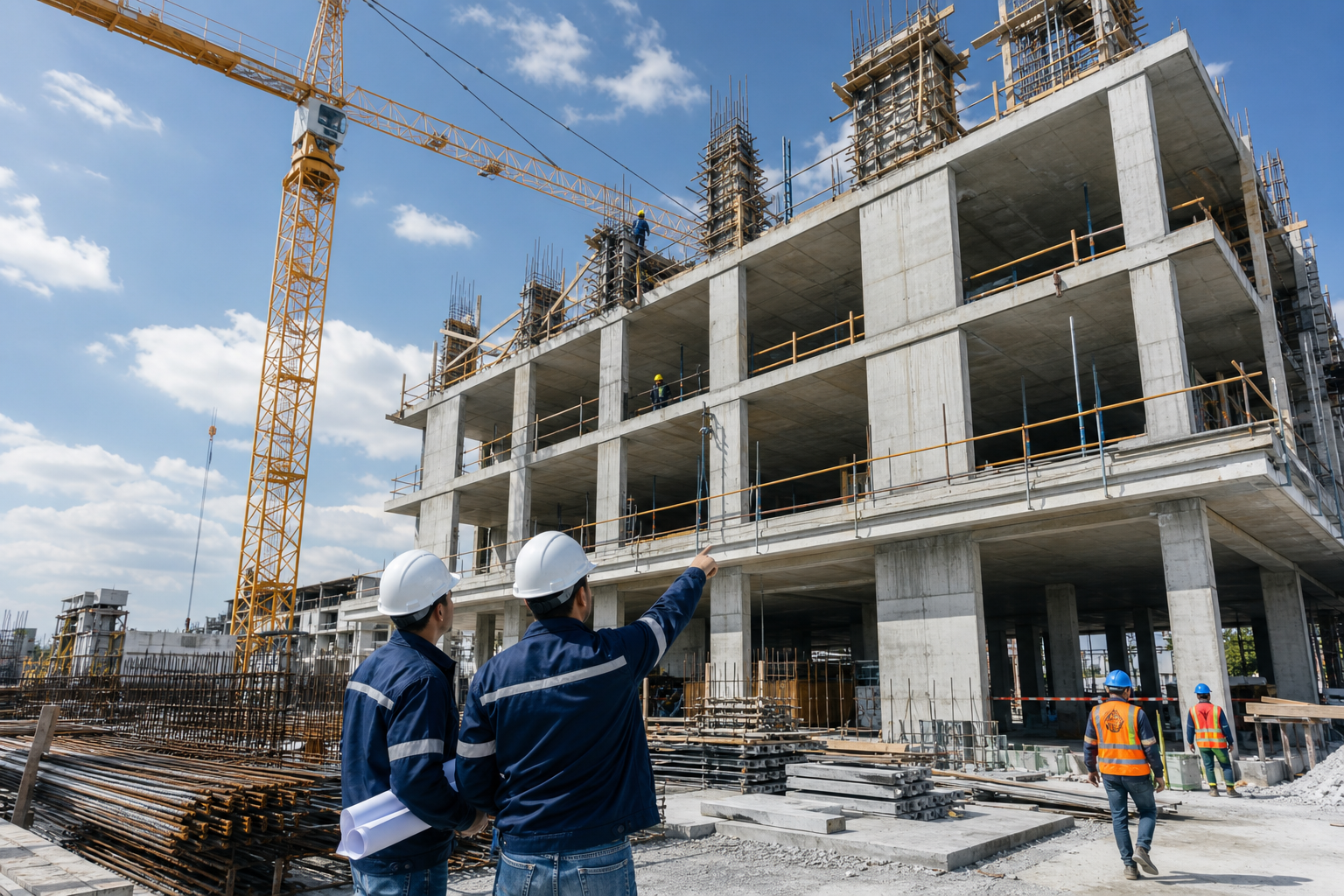 Complejo corporativo en construcción con estructura de hormigón, grúas y acabados modernos
