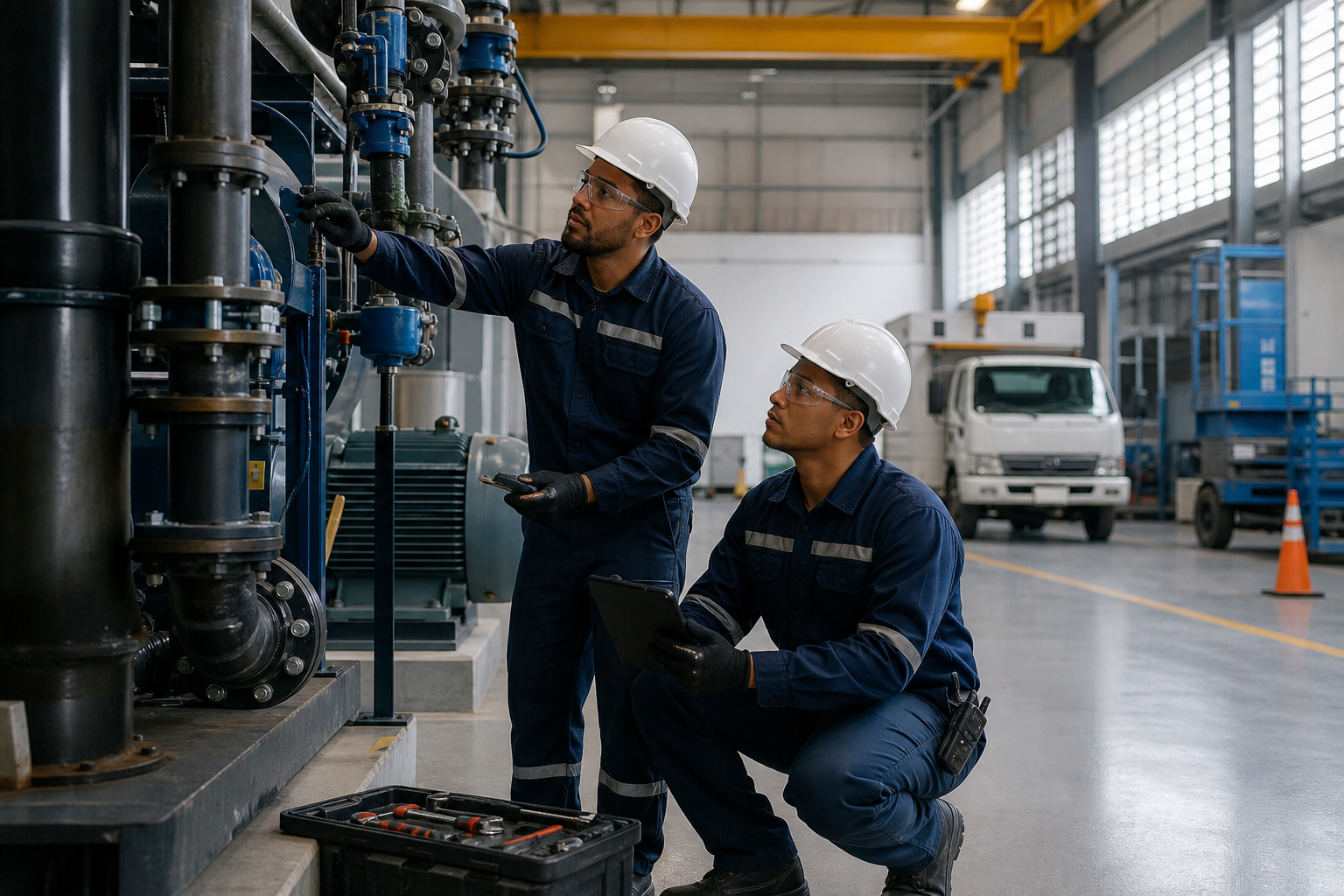Equipo técnico realizando mantenimiento industrial en nave con sistemas mecánicos