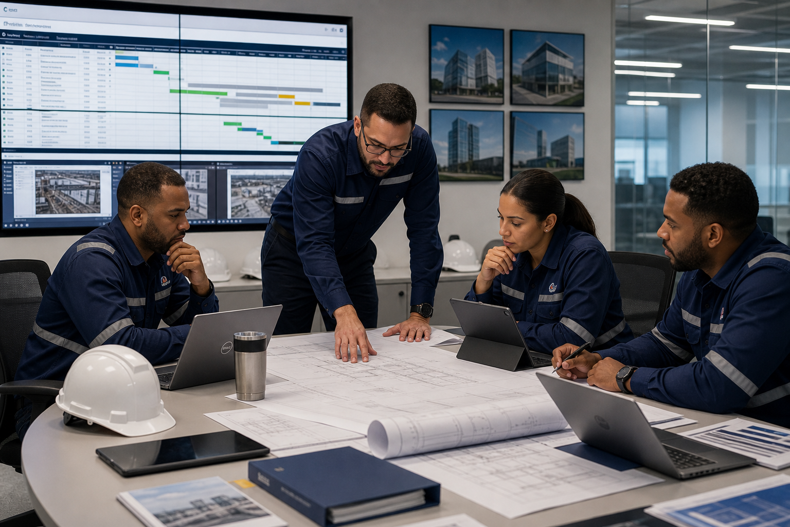 Sala de coordinación de proyecto con planos técnicos, cronograma y equipo de ingeniería